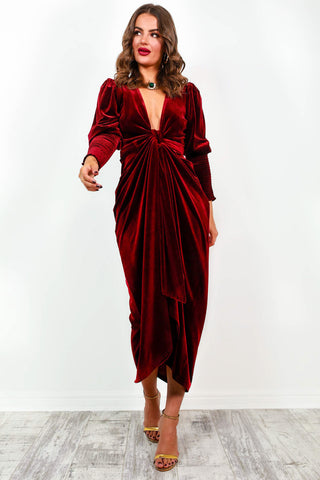 Drive Em Wild - Wine Velvet Midi Wrap Dress