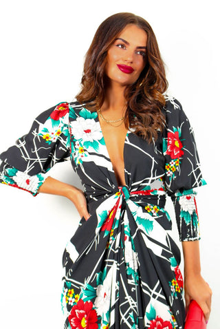 Drive 'Em Wild - Black White Floral Abstract Print Midi Wrap Dress