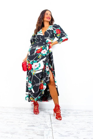 Drive 'Em Wild - Black White Floral Abstract Print Midi Wrap Dress