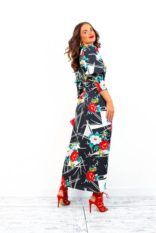 Drive 'Em Wild - Black White Floral Abstract Print Midi Wrap Dress