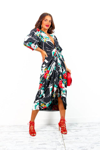 Drive 'Em Wild - Black White Floral Abstract Print Midi Wrap Dress
