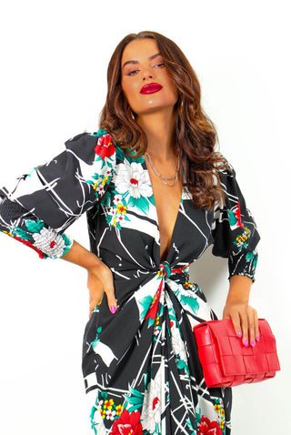 Drive 'Em Wild - Black White Floral Abstract Print Midi Wrap Dress