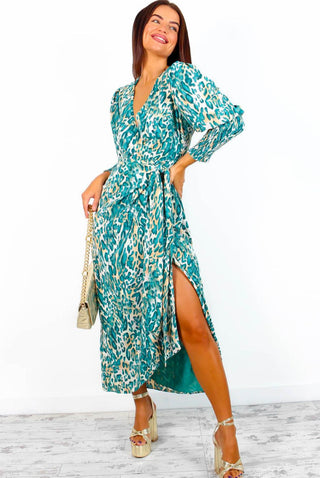 Drive Em Wild - Blue Beige Animal Print Midi Wrap Dress