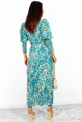 Drive Em Wild - Blue Beige Animal Print Midi Wrap Dress