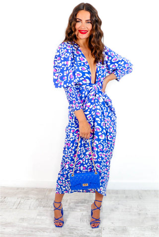 Drive 'Em Wild - Blue Pink Leopard Midi Wrap Dress