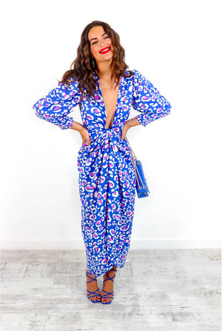 Drive 'Em Wild - Blue Pink Leopard Midi Wrap Dress