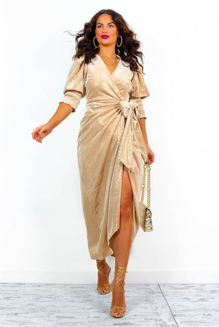 Drive 'Em Wild - Champagne Velvet Gold Sequin Midi Wrap Dress