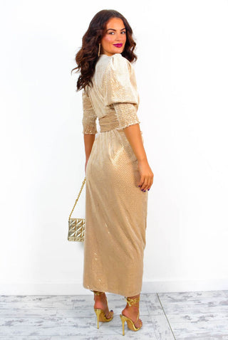 Drive 'Em Wild - Champagne Velvet Gold Sequin Midi Wrap Dress