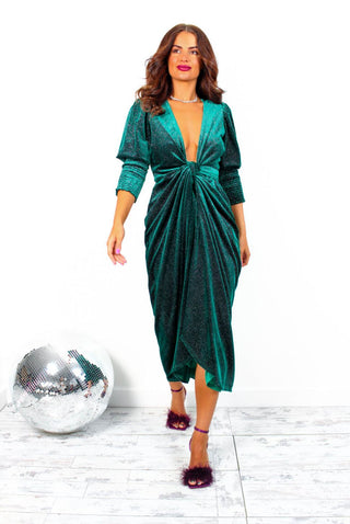 Drive 'Em Wild - Forest Silver Sparkle Midi Wrap Dress