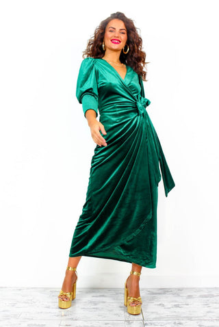 Drive 'Em Wild - Forest Velvet Midi Wrap Dress