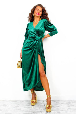 Drive 'Em Wild - Forest Velvet Midi Wrap Dress