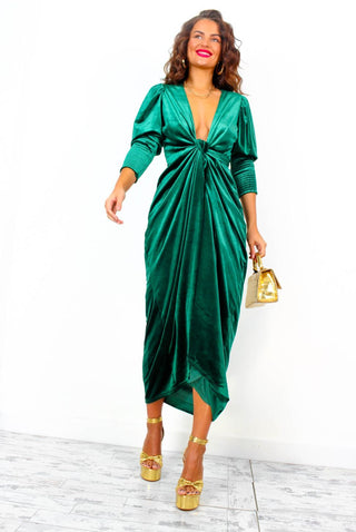 Drive 'Em Wild - Forest Velvet Midi Wrap Dress
