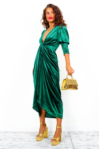 Drive 'Em Wild - Forest Velvet Midi Wrap Dress
