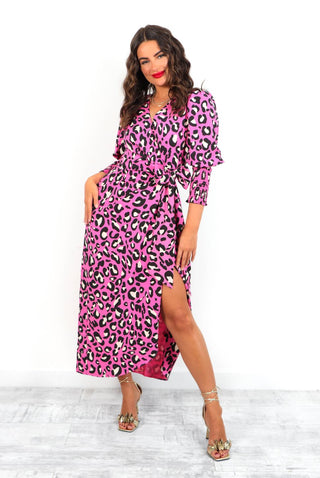 Drive 'Em Wild - Fuchsia Cream Leopard Midi Wrap Dress