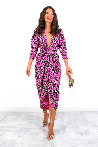 Drive 'Em Wild - Fuchsia Cream Leopard Midi Wrap Dress