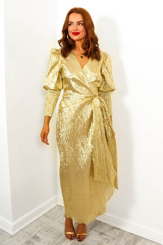 Drive 'Em Wild - Gold Wrap Midi Dress