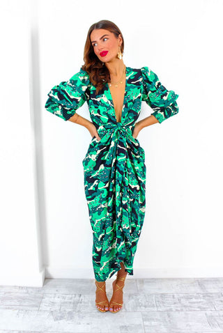 Drive 'Em Wild - Green Black Animal Print Midi Wrap Dress