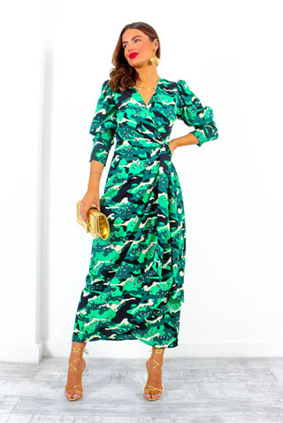 Drive 'Em Wild - Green Black Animal Print Midi Wrap Dress