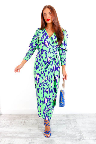 Drive Em Wild - Green Cobalt Leopard Midi Wrap Dress