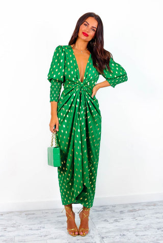 Drive Em Wild - Green Gold Print Midi Wrap Dress OVER-DRESSED Drive Em Wild - Green Gold Print Midi Wrap Dress OVER-DRESSED