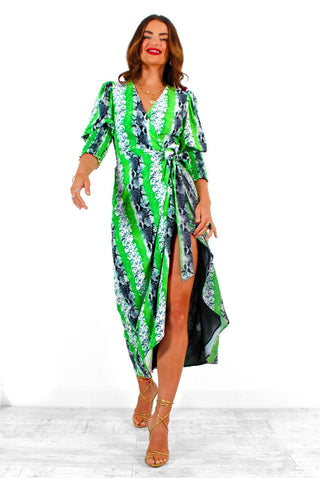 Drive 'Em Wild - Green Grey Snake Print Midi Wrap Dress
