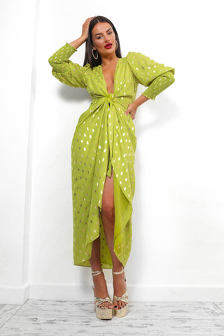 Drive 'Em Wild - Lime Gold Foil Midi Wrap Dress