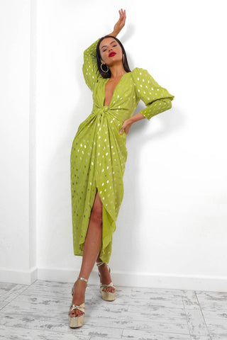 Drive 'Em Wild - Lime Gold Foil Midi Wrap Dress