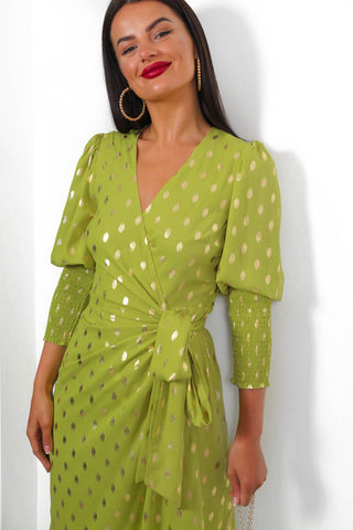 Drive 'Em Wild - Lime Gold Foil Midi Wrap Dress
