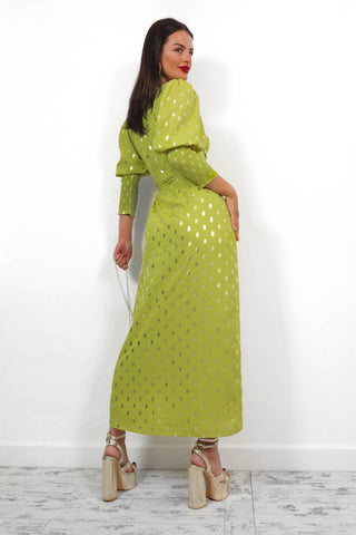 Drive 'Em Wild - Lime Gold Foil Midi Wrap Dress