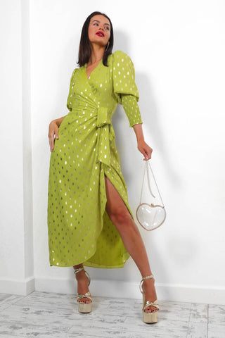 Drive 'Em Wild - Lime Gold Foil Midi Wrap Dress