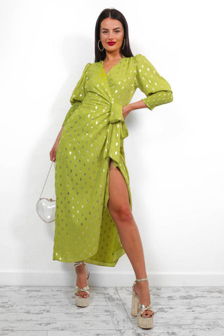 Drive 'Em Wild - Lime Gold Foil Midi Wrap Dress