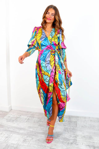 Drive 'Em Wild - Multi Abstract Scribble Midi Wrap Dress