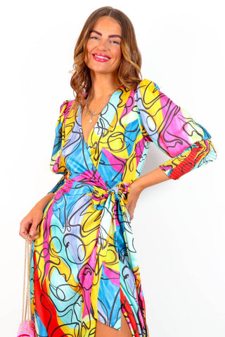 Drive 'Em Wild - Multi Abstract Scribble Midi Wrap Dress