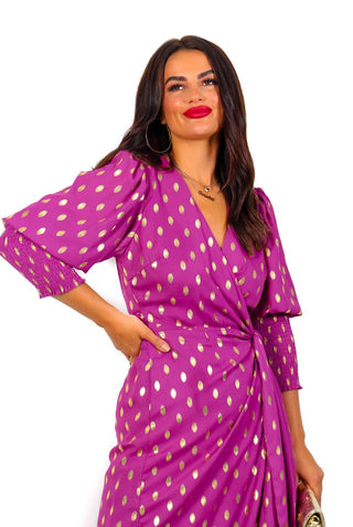 Drive Em Wild - Purple Gold Foil Spot Midi Wrap Dress