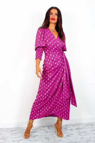 Drive Em Wild - Purple Gold Foil Spot Midi Wrap Dress