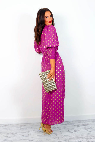 Drive Em Wild - Purple Gold Foil Spot Midi Wrap Dress