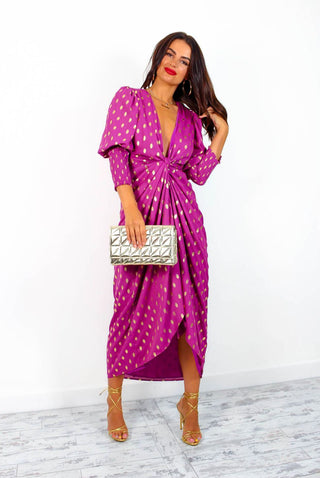 Drive Em Wild - Purple Gold Foil Spot Midi Wrap Dress