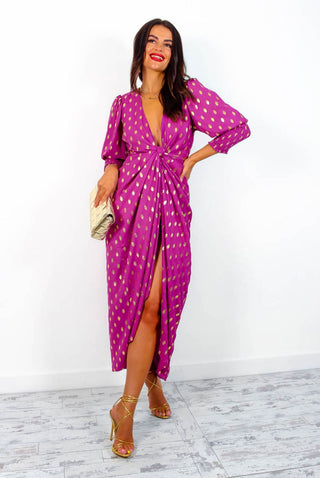 Drive Em Wild - Purple Gold Foil Spot Midi Wrap Dress
