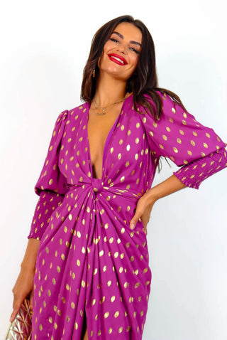 Drive Em Wild - Purple Gold Foil Spot Midi Wrap Dress