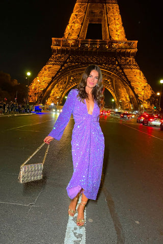 Drive 'Em Wild - Purple Sequin Midi Wrap Dress