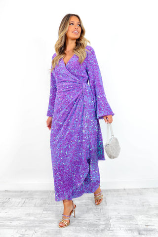 Drive 'Em Wild - Purple Sequin Midi Wrap Dress
