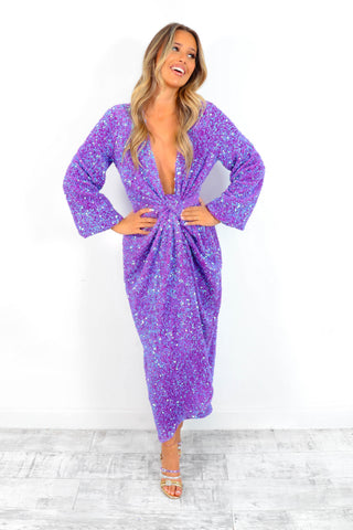 Drive 'Em Wild - Purple Sequin Midi Wrap Dress