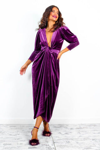 Drive 'Em Wild - Purple Velvet Midi Wrap Dress