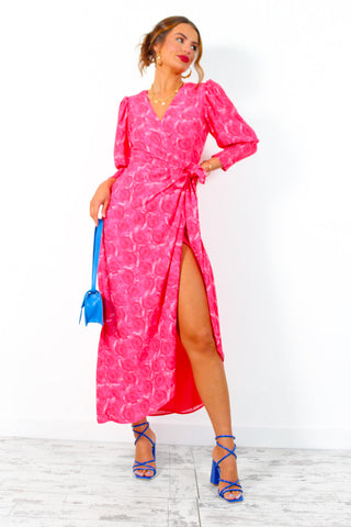 Drive 'Em Wild - Red Pink Watercolour Rose Midi Wrap Dress