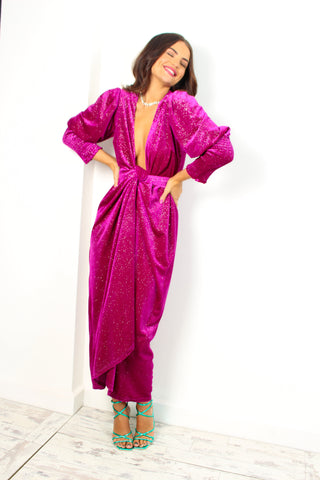 Drive Em Wild - Magenta Silver Sparkle Midi Wrap Dress