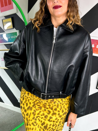 Effortlessly Cool - Black Faux Leather Bomber Jacket