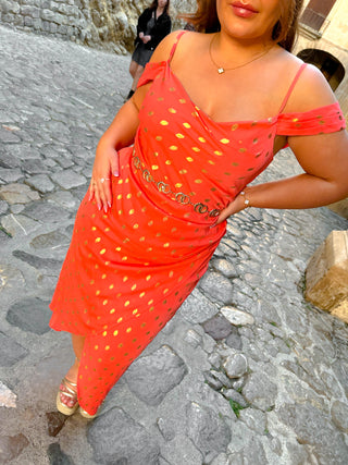 Epitome Of Elegance -  Coral Foil Spot Midi Dress