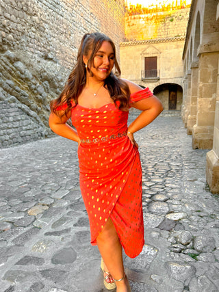 Epitome Of Elegance -  Coral Foil Spot Midi Dress