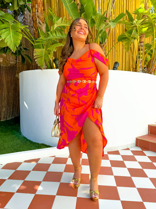 Epitome Of Elegance - Orange Pink Floral Satin Midi Dress