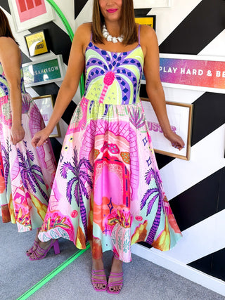 Escape To Paradise - Pink & Lilac Tropical Midi Dress
